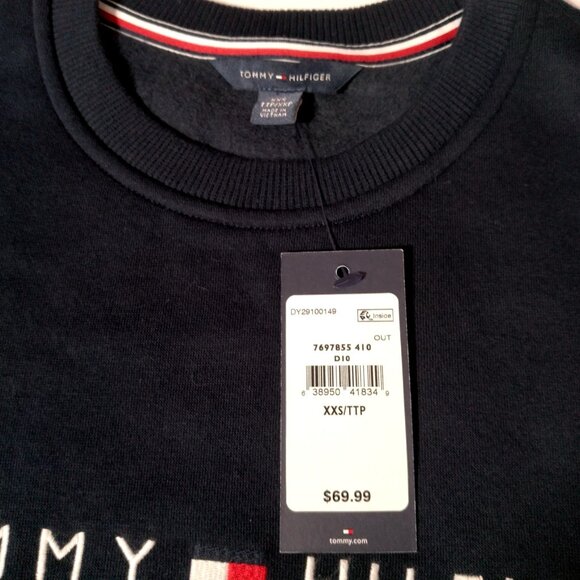 Tommy Hilfiger Sweatshirt Women XXS Navy Blue Embroidered Crew Neck Preppy New - Picture 7 of 10